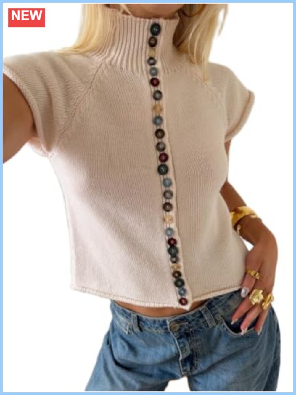 Mock Neck Cap Sleeve Knit Top Button Down Cropped Cardigan Slim Fit